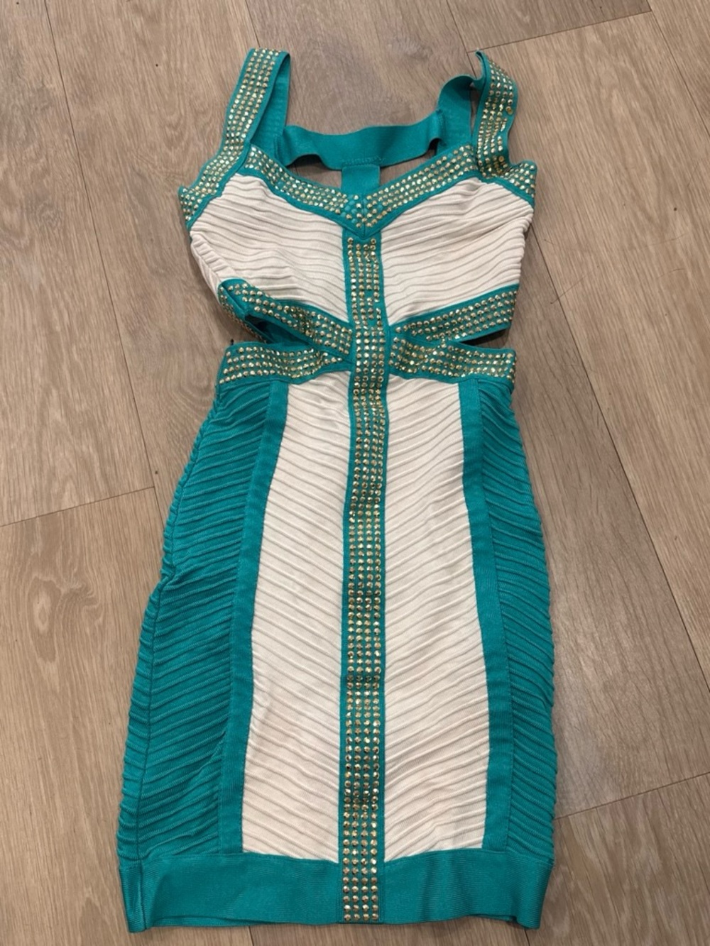 bebe Teal and Cream Studded Cutout Mini Dress